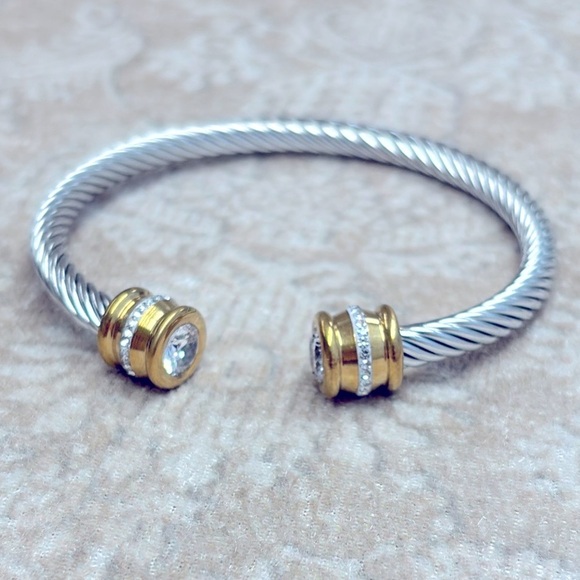 Gold & Silver Two-Tone Twisted Cable Cuff Bangle Bracelet Crystal Rhinestone - Picture 1 of 12